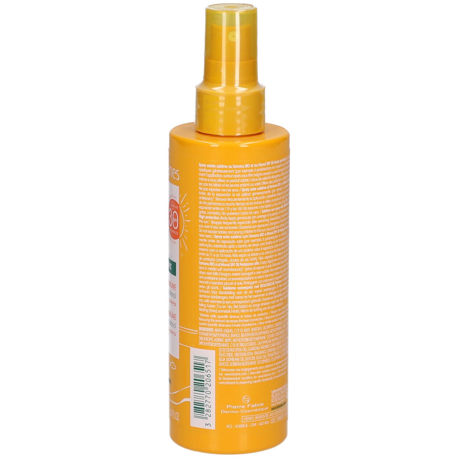 Dos d'un flacon spray jaune. Texte en plusieurs langues. Contient des informations sur le produit.