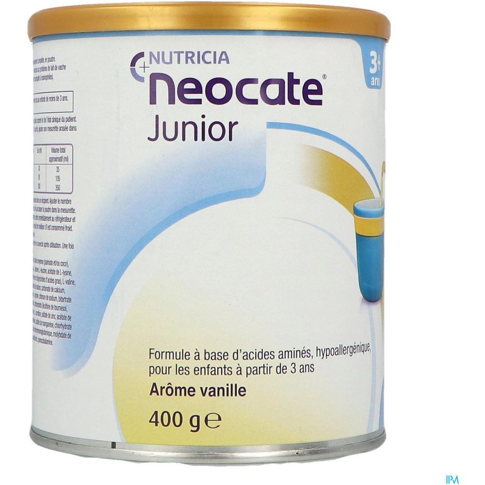 Boîte de Neocate Junior. Inscription : "Formule à base d'acides aminés, hypoallergénique". Arôme vanille. 400 g.