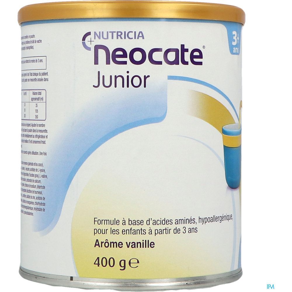 Boîte de Neocate Junior. Inscription : "Formule à base d'acides aminés, hypoallergénique". Arôme vanille. 400 g.