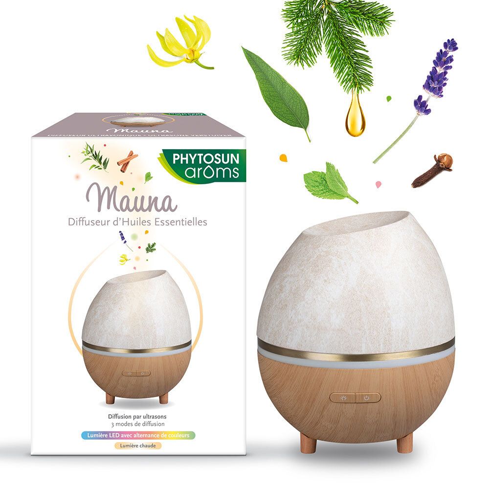 Diffuseur d'huiles essentielles ovoïde, base bois, partie supérieure blanche. Emballage avec nom et marque.