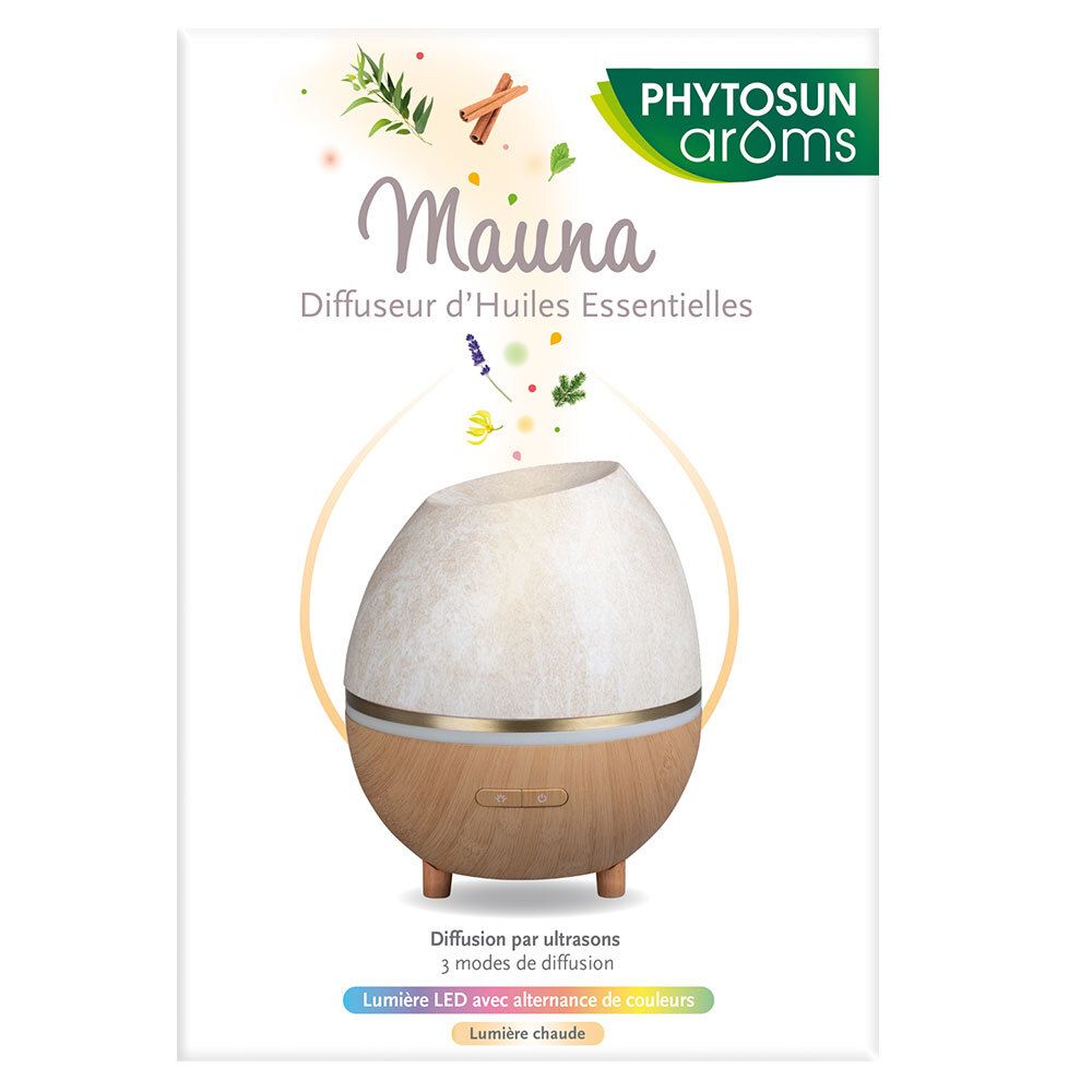 Emballage du produit. Diffuseur ovoïde, base bois, partie supérieure blanche. Nom et marque du produit.