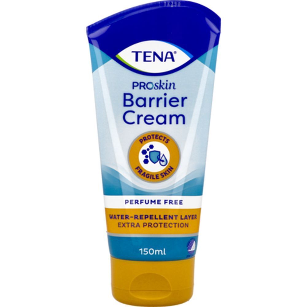Tube de crème barrière TENA Proskin. Capuchon bleu, base jaune. Inscriptions : Protège la peau fragile. Sans parfum. 150ml.