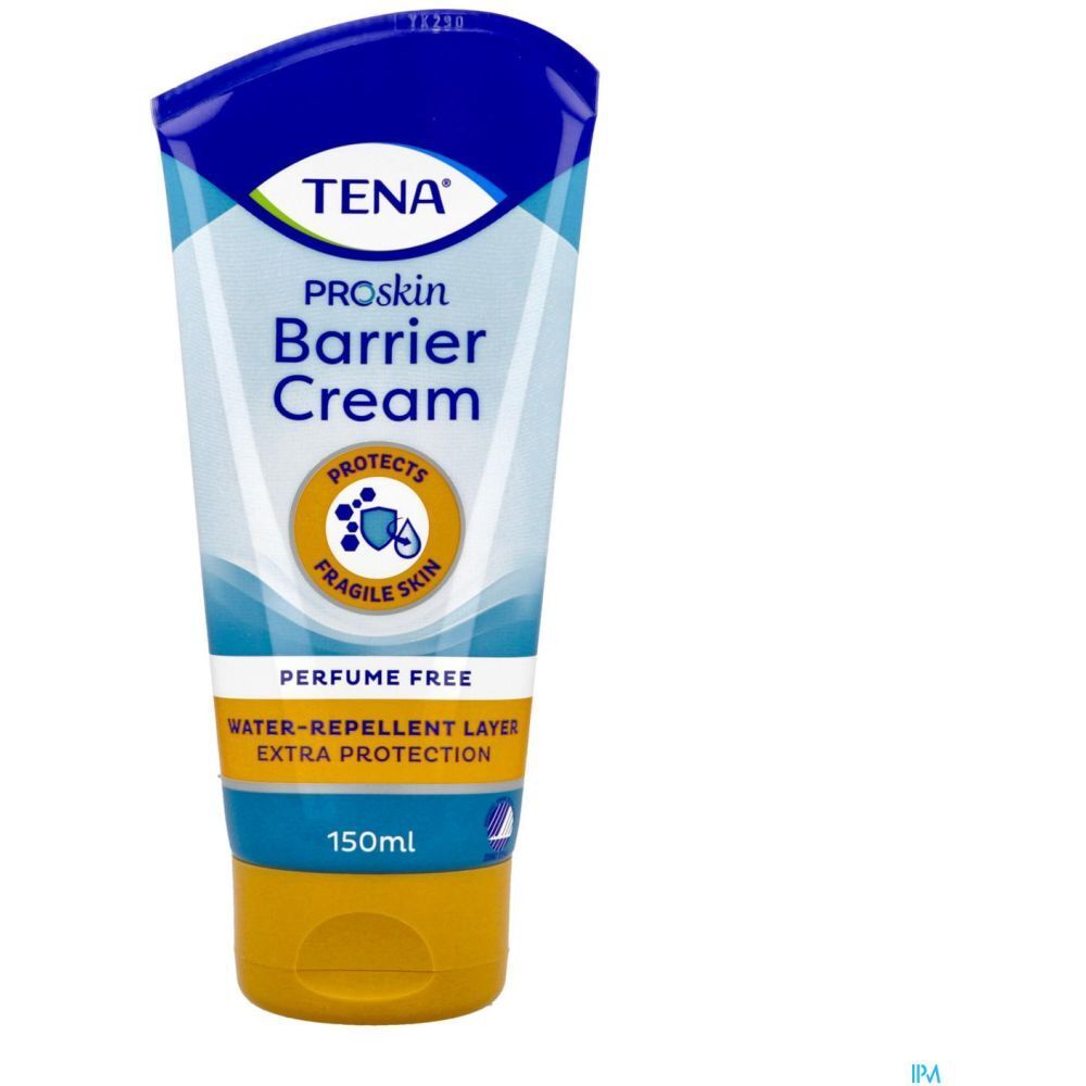 Tube de crème barrière TENA Proskin. Capuchon bleu, base jaune. Inscriptions : Protège la peau fragile. Sans parfum. 150ml.