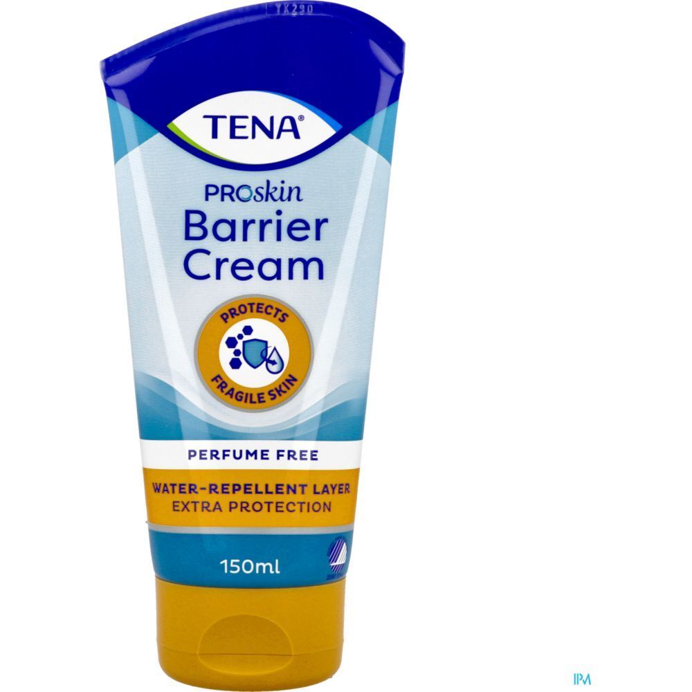 Tube de crème barrière TENA Proskin. Capuchon bleu, base jaune. Inscriptions : Protège la peau fragile. Sans parfum. 150ml.