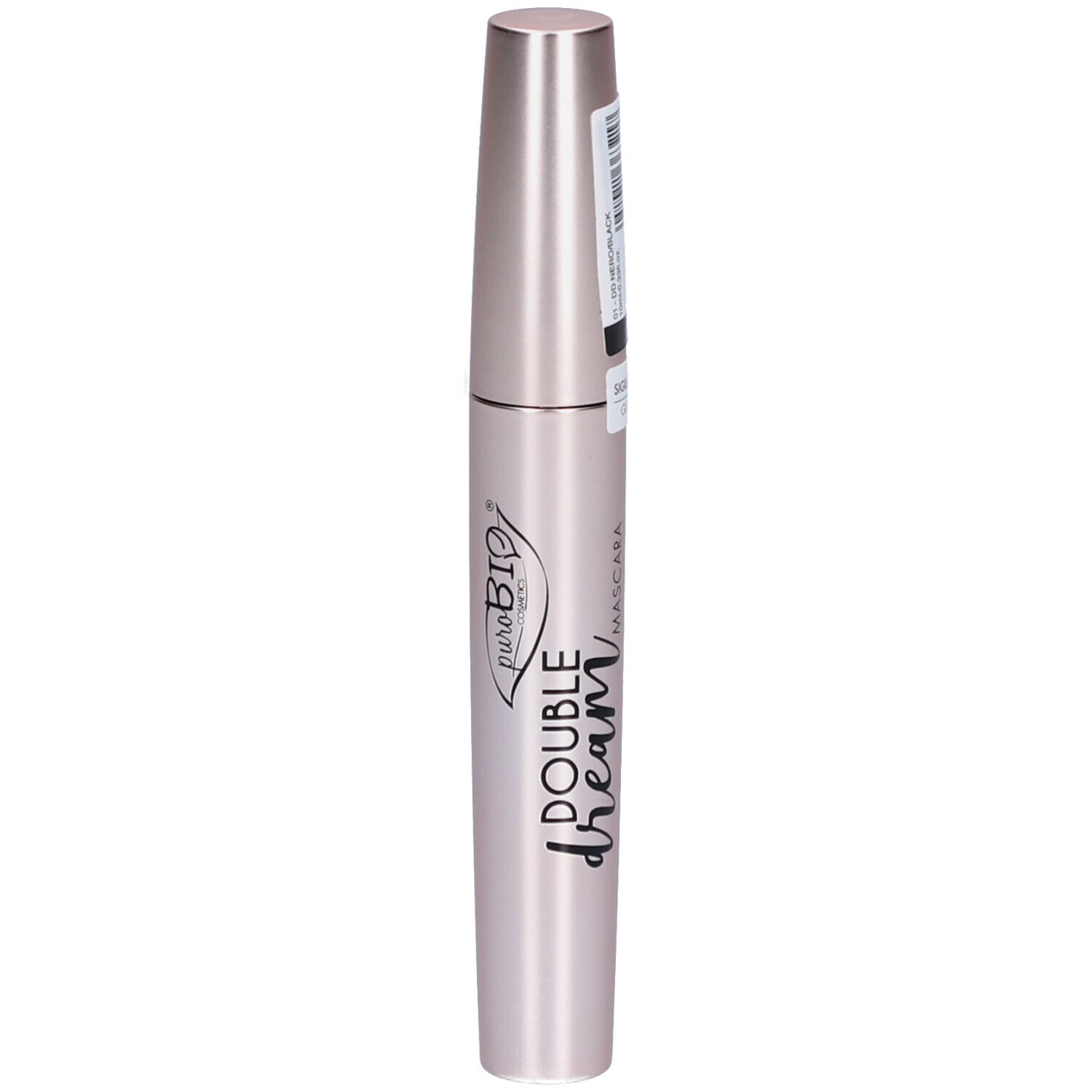 Flacon de mascara fermé. Récipient rose doré, écriture noire. Inscription: Double Dream Mascara.