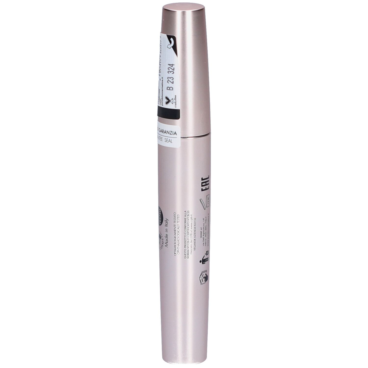 Flacon de mascara fermé. Récipient rose doré, écriture noire. Inscription: Double Dream Mascara.
