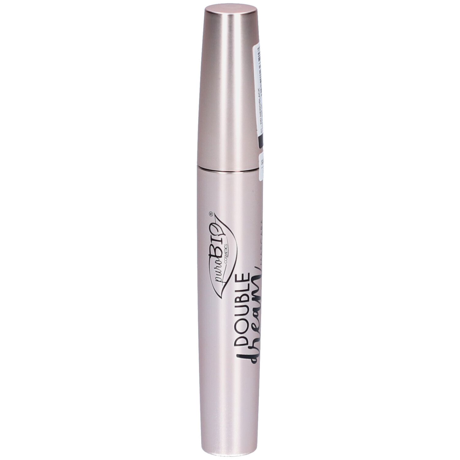 Flacon de mascara fermé. Récipient rose doré, écriture noire. Inscription: Double Dream Mascara.