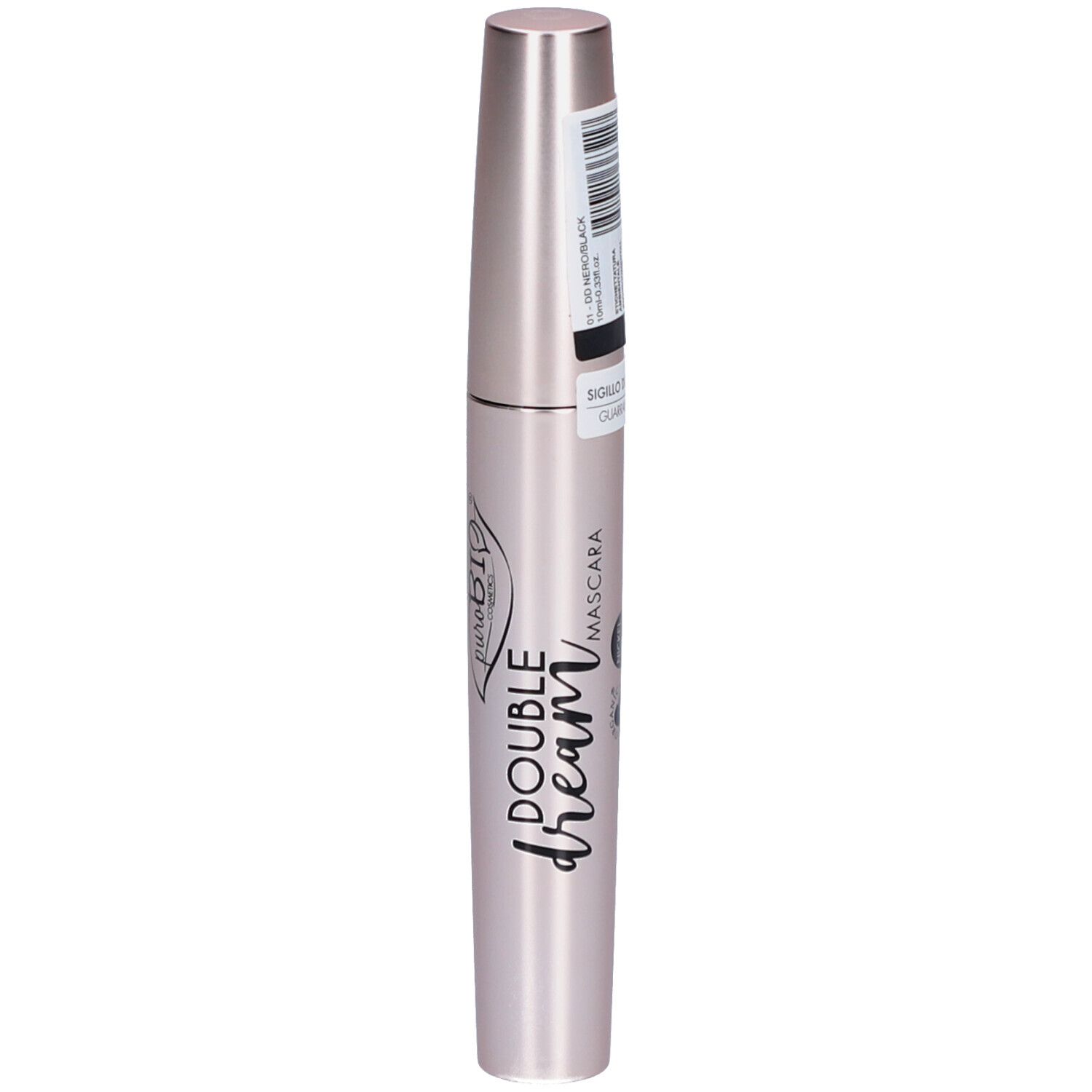 Flacon de mascara fermé. Récipient rose doré, écriture noire. Inscription: Double Dream Mascara.