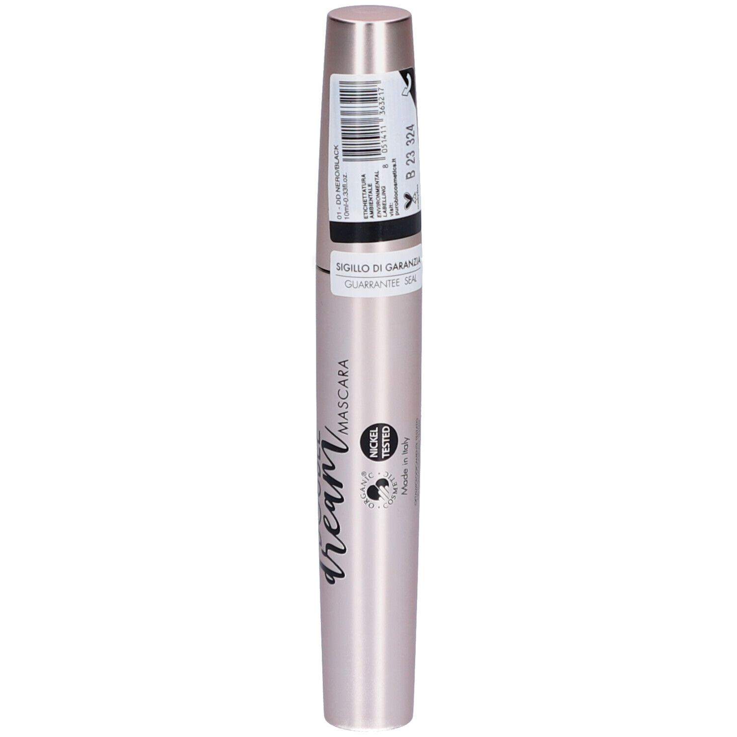 Flacon de mascara fermé. Récipient rose doré, écriture noire. Inscription: Double Dream Mascara.