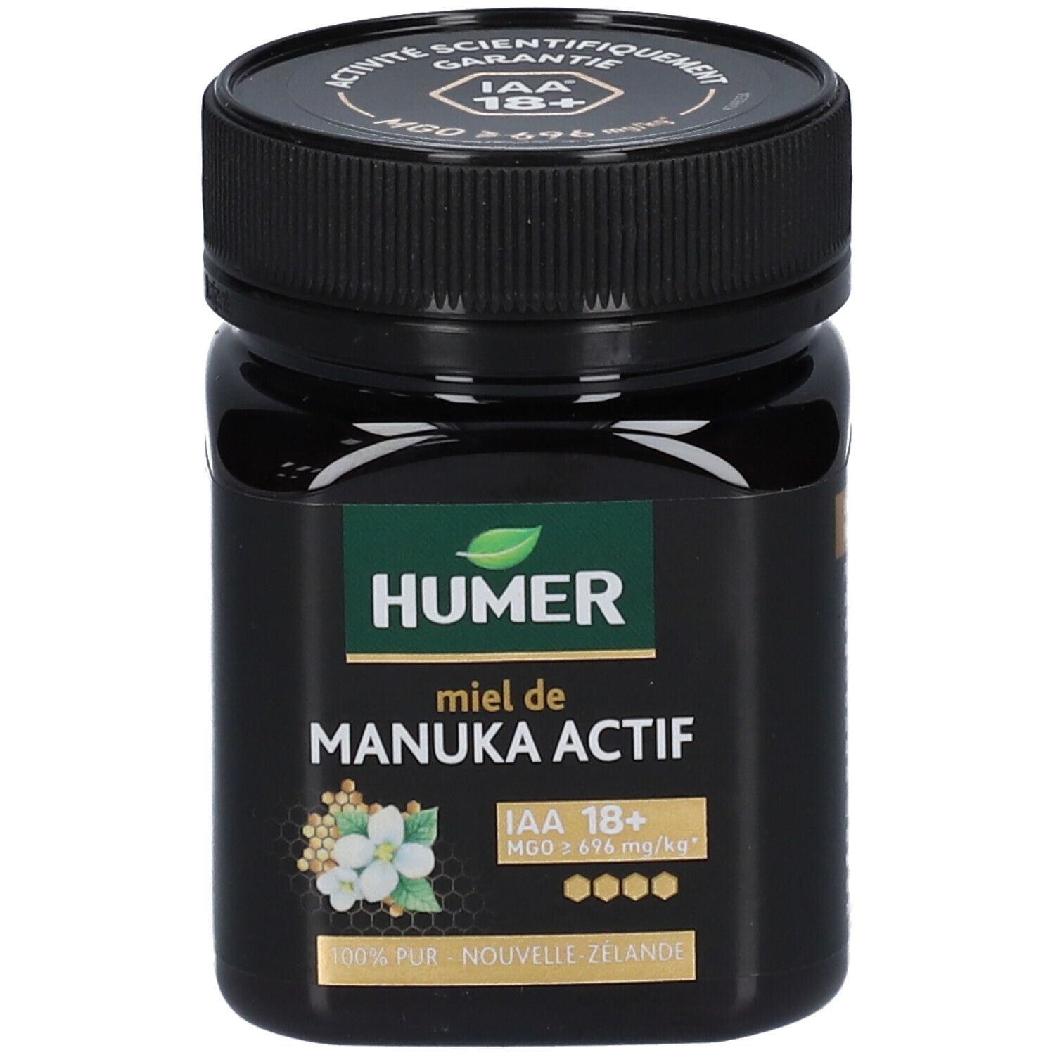 Pot noir de miel de Manuka HUMER. IAA 18+ et MGO ≥ 696 mg/kg. Couvercle avec inscription.