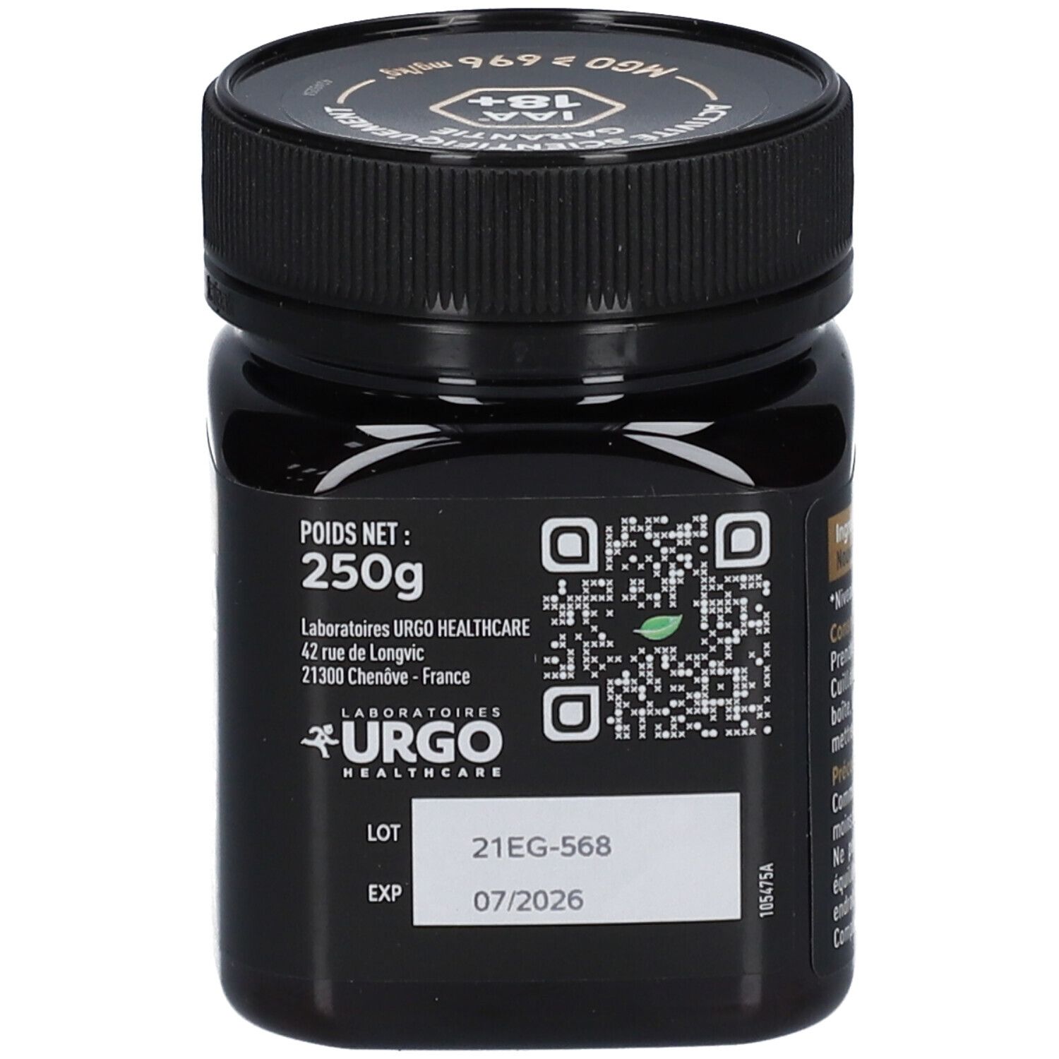 Dos du pot noir de miel de Manuka HUMER. Informations fabricant et date de péremption.