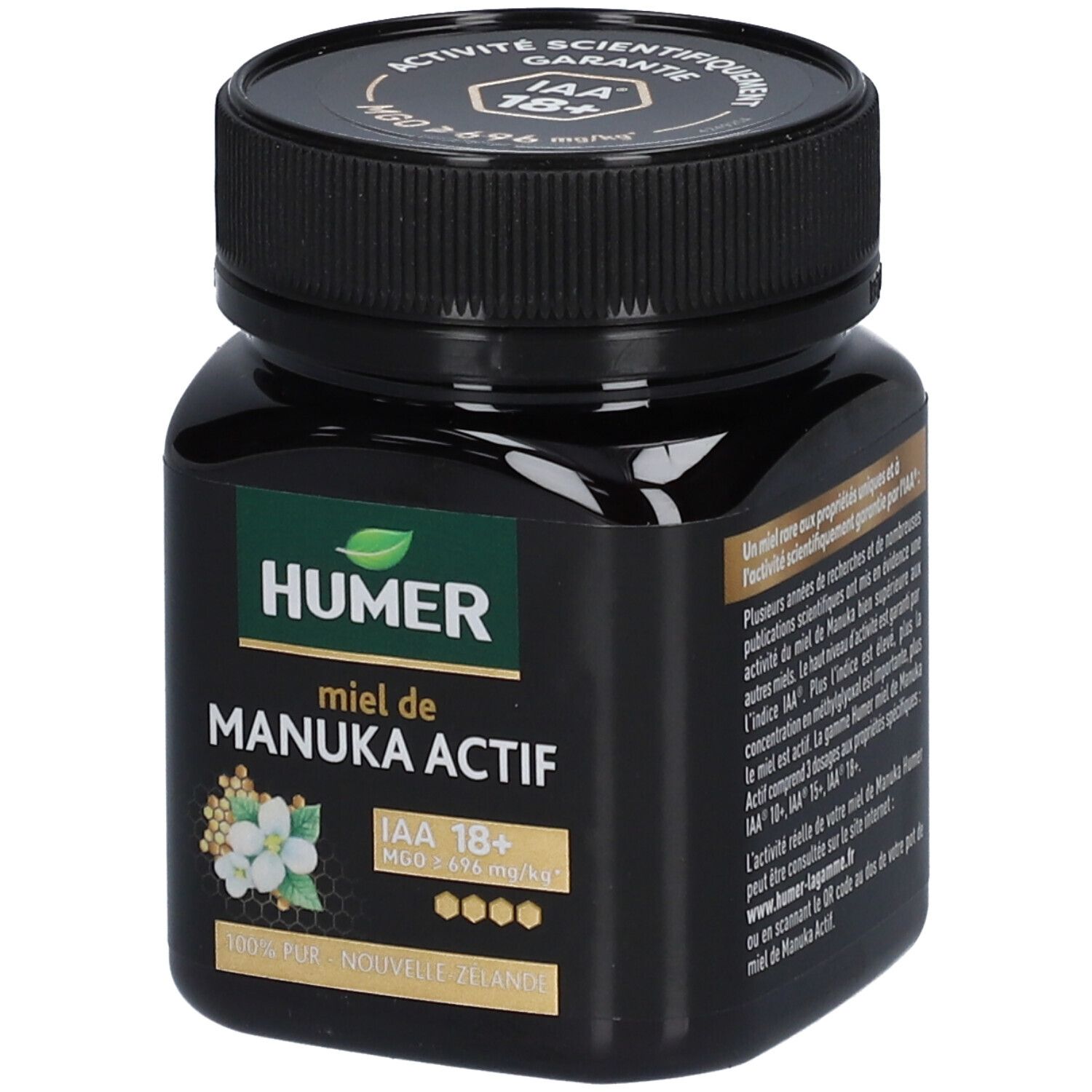 Pot noir de miel de Manuka HUMER. IAA 18+ et MGO ≥ 696 mg/kg. Étiquette avec motif floral.