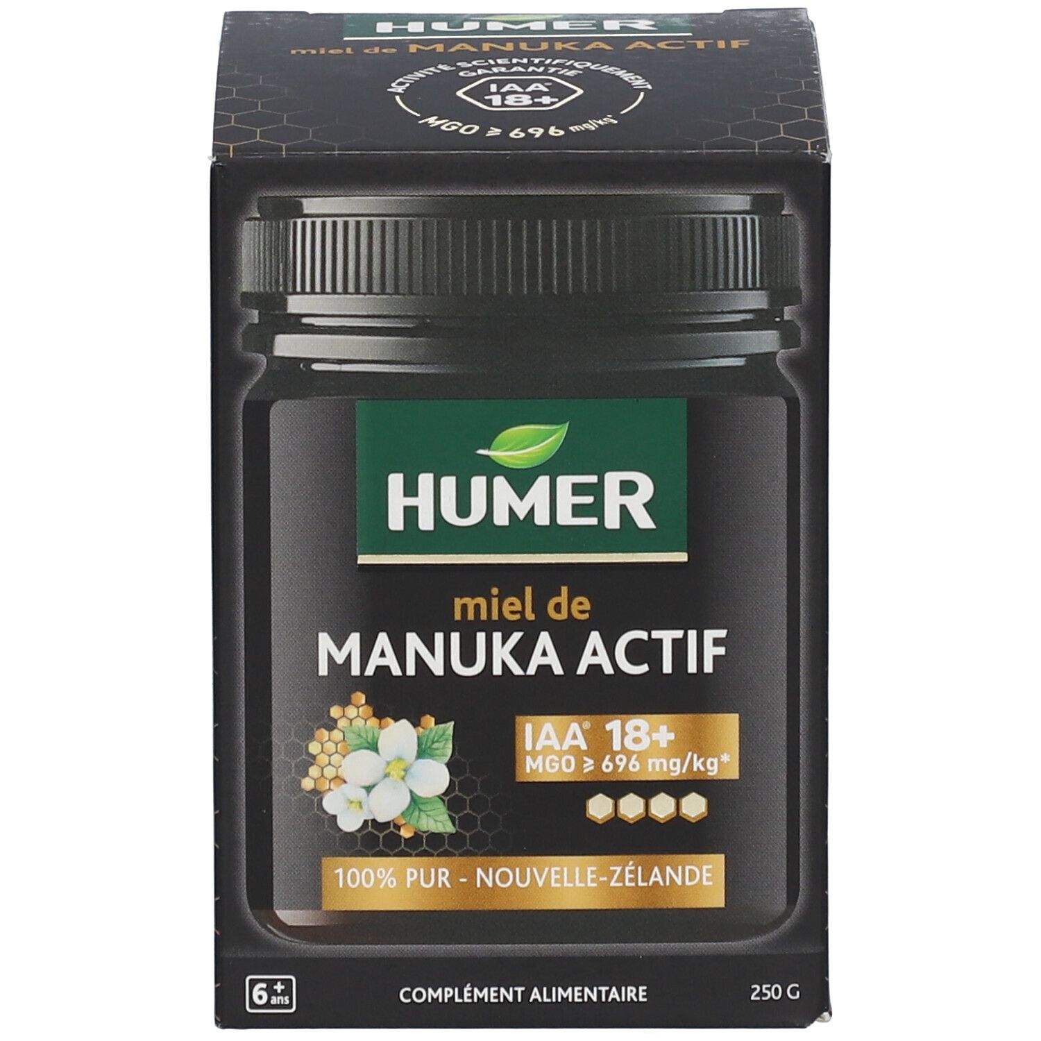 Miel de Manuka HUMER, pot noir dans emballage. IAA 18+ et MGO ≥ 696 mg/kg. 250g.