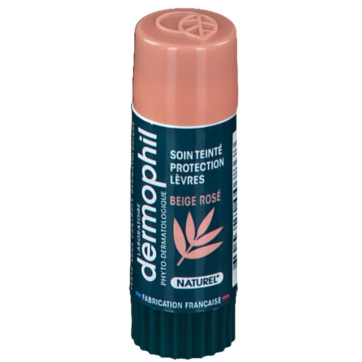 Stick lèvres teinté Beige Rosé. Bâton vert-beige avec capuchon rose. Texte: Dermophil, Soin Teinté Protection Lèvres.