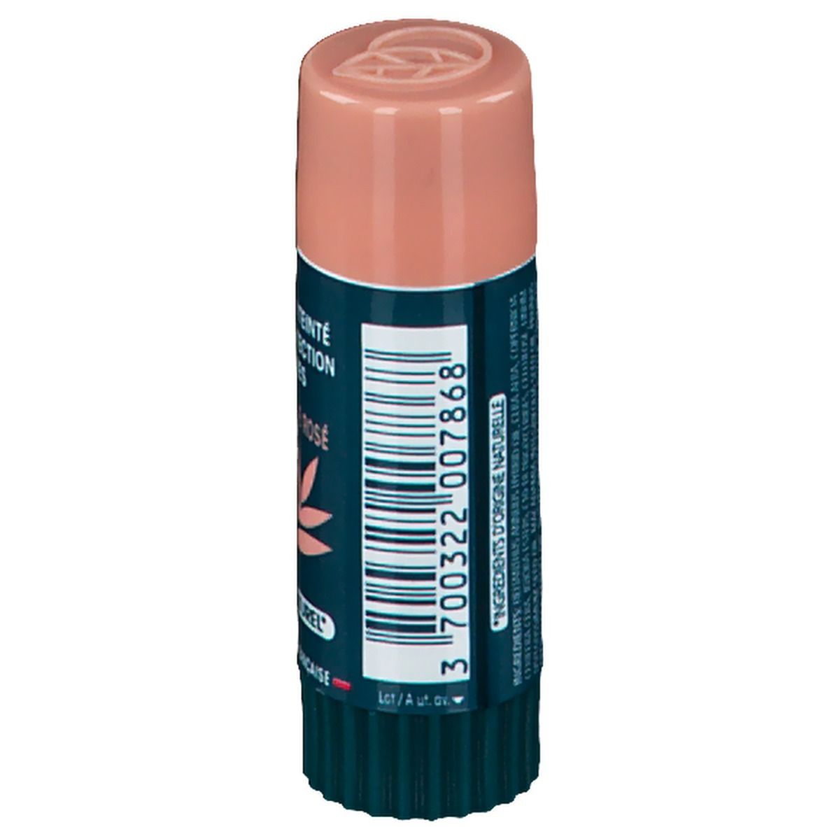 Stick lèvres teinté Beige Rosé. Bâton vert-beige avec capuchon rose. Texte: Dermophil, Soin Teinté Protection Lèvres.