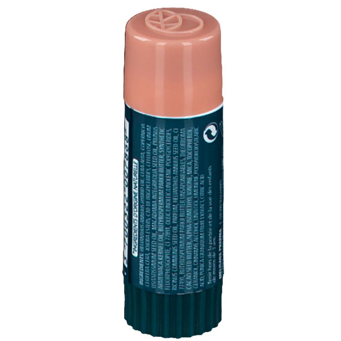 Stick lèvres teinté Beige Rosé. Bâton vert-beige avec capuchon rose. Texte: Dermophil, Soin Teinté Protection Lèvres.