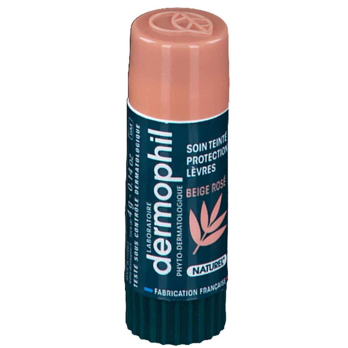 Stick lèvres teinté Beige Rosé. Bâton vert-beige avec capuchon rose. Texte: Dermophil, Soin Teinté Protection Lèvres.