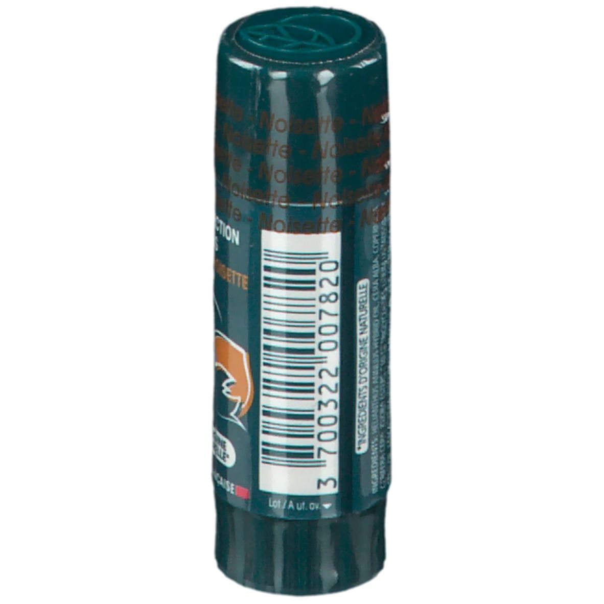 Stick protecteur pour les lèvres Dermophil. Dos avec texte et code-barres. Ingrédients et origine. Fabriqué en France.