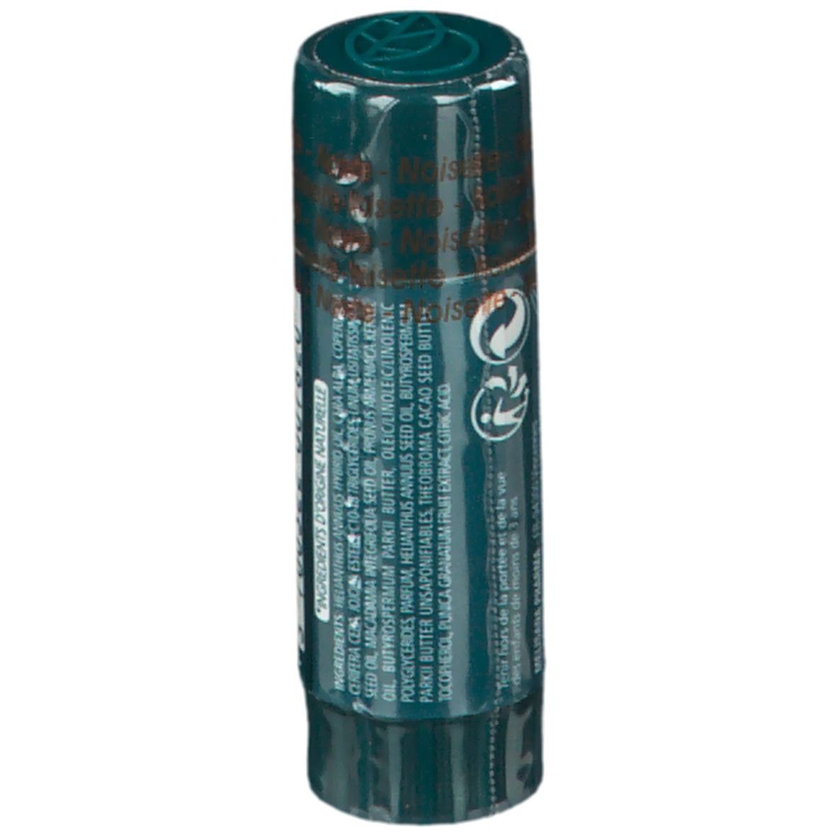 Stick protecteur pour les lèvres Dermophil. Dos avec texte. Ingrédients et avertissements. Fabriqué en France.