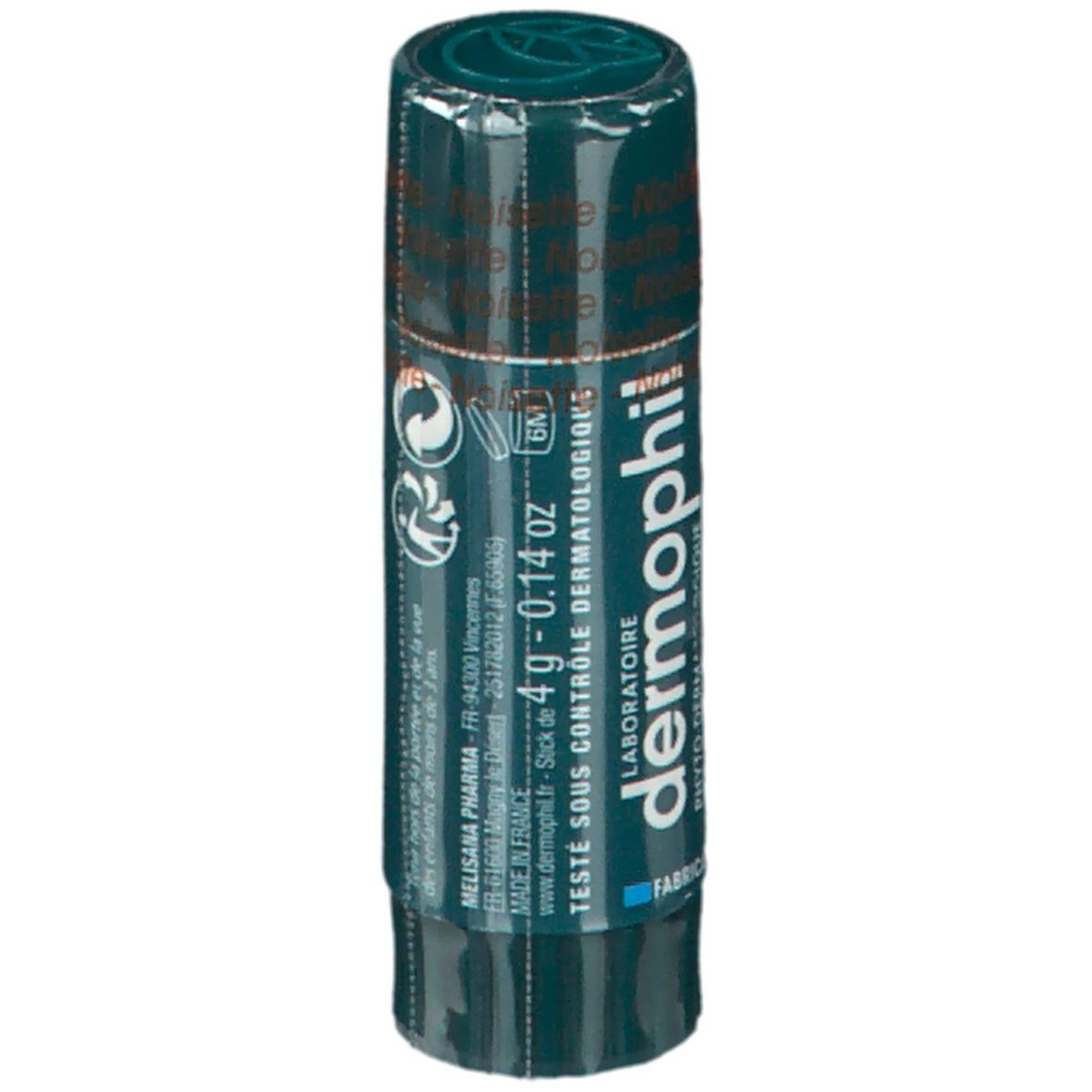 Stick protecteur pour les lèvres Dermophil. Texte et logo. 4g. Fabriqué en France. Avertissements et coordonnées.