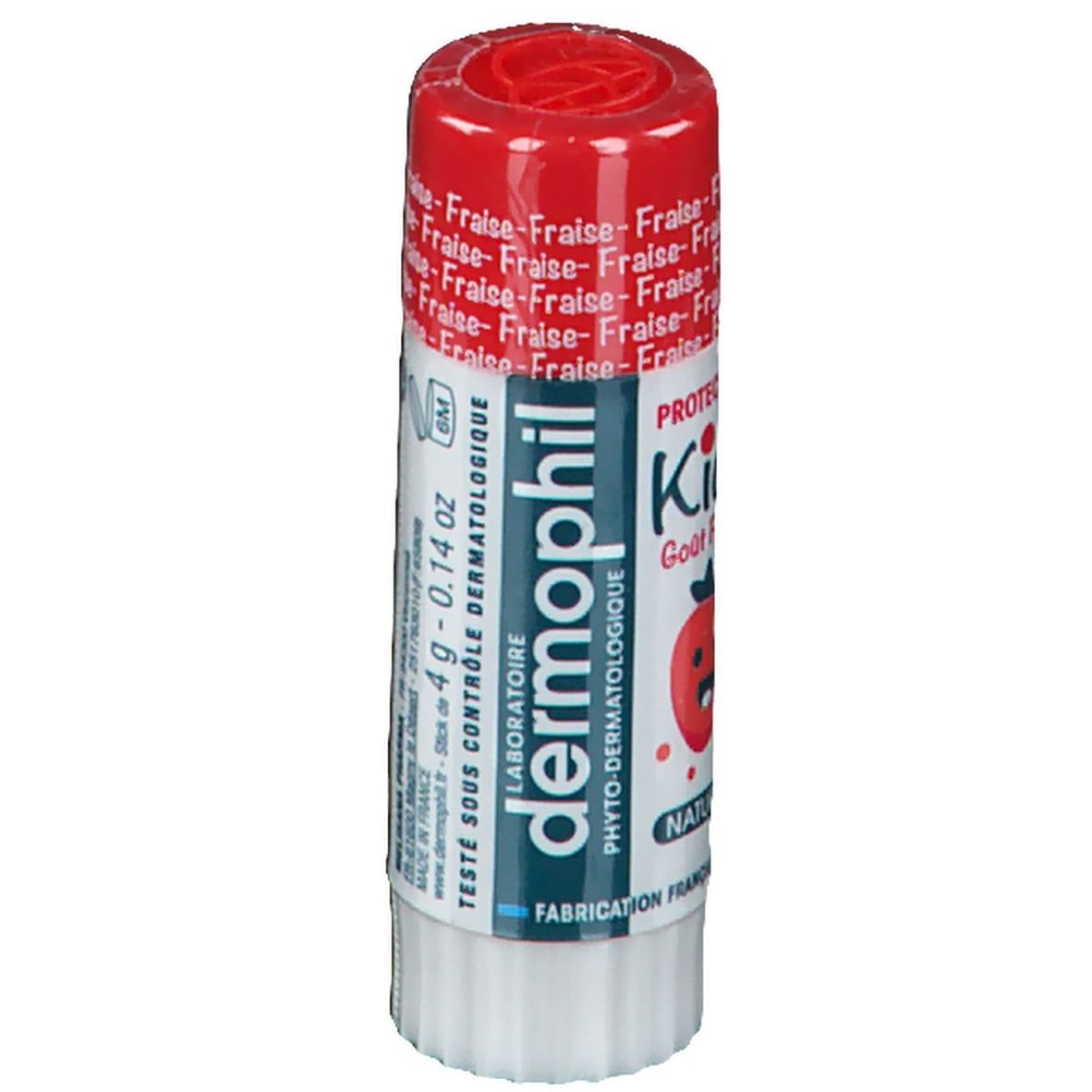 Stick lèvres dermophil® Kids Fraise. Bouchon rouge, bâton blanc. Inscriptions: Fraise, Kids, 4g - 0.14 oz.