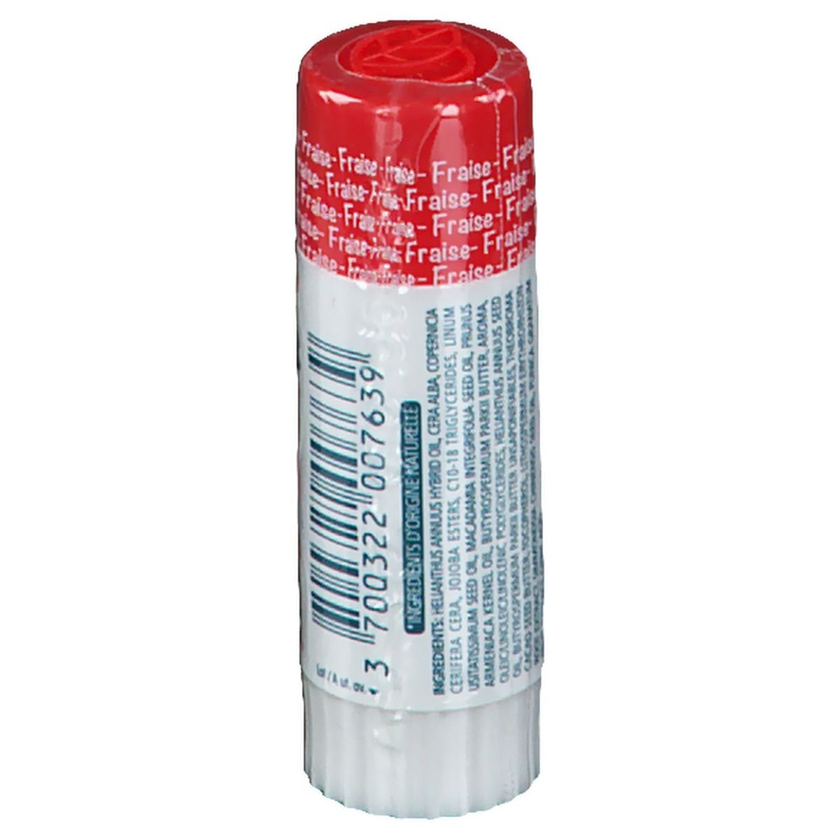 Stick lèvres dermophil® Kids Fraise. Bouchon rouge, bâton blanc. Inscriptions: Fraise, Kids, 4g - 0.14 oz.