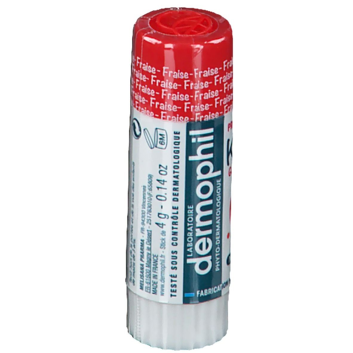 Stick lèvres dermophil® Kids Fraise. Bouchon rouge, bâton blanc. Inscriptions: Fraise, Kids, 4g - 0.14 oz.