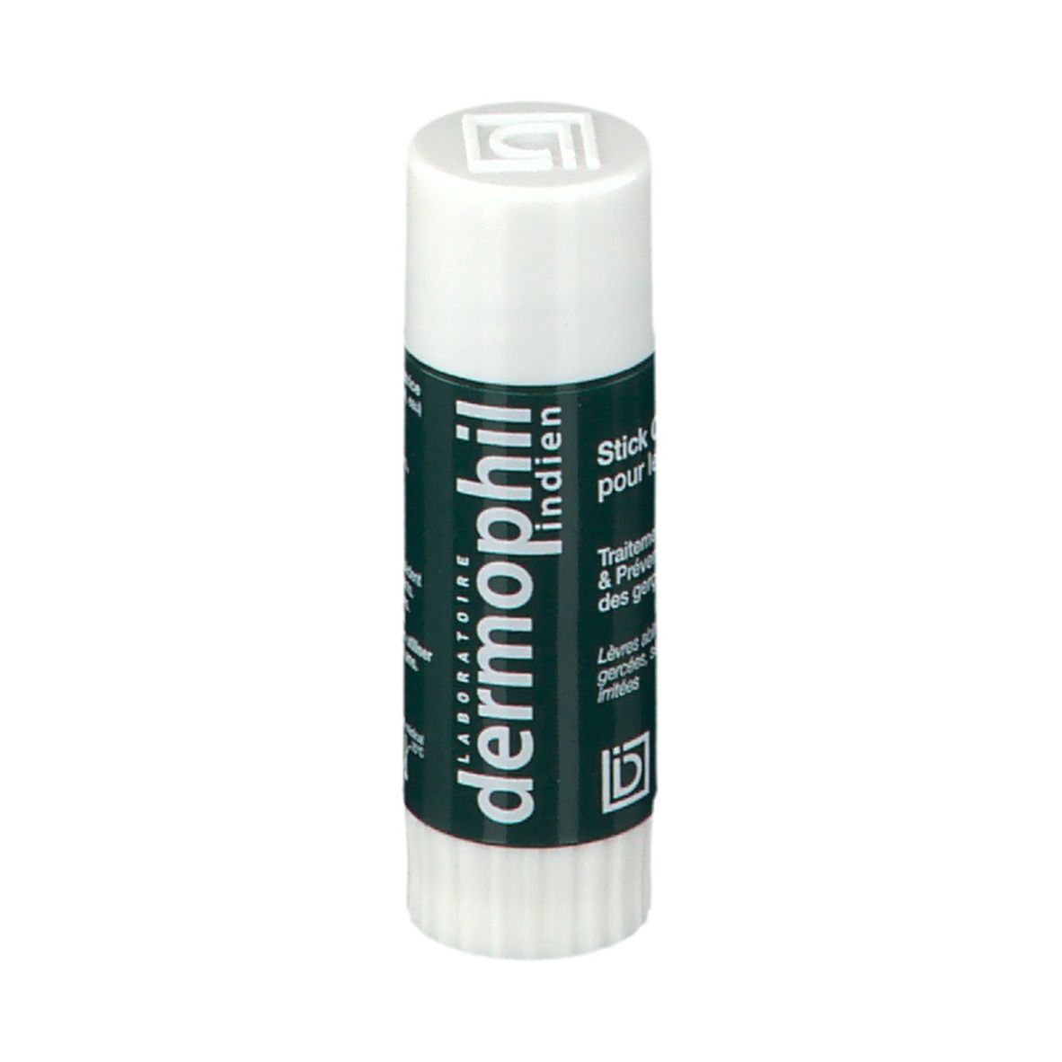 Stick Original pour les lèvres, blanc et vert. Texte: dermophil indien. Traitement & Prévention des gerçures. Lèvres abîmées, gercées, sèches, irritées.