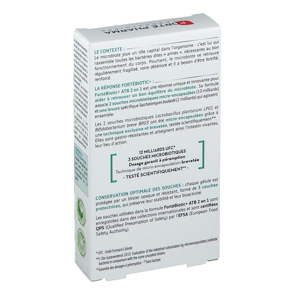 Dos de la boîte FORTÉBIOTIC+ ATB 2 en 1. Texte sur les ingrédients et l'utilisation.