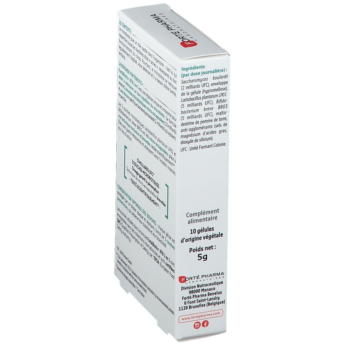 Boîte FORTÉBIOTIC+ ATB 2 en 1, en biais. Contient 10 gélules. Texte : 'Complément alimentaire'.