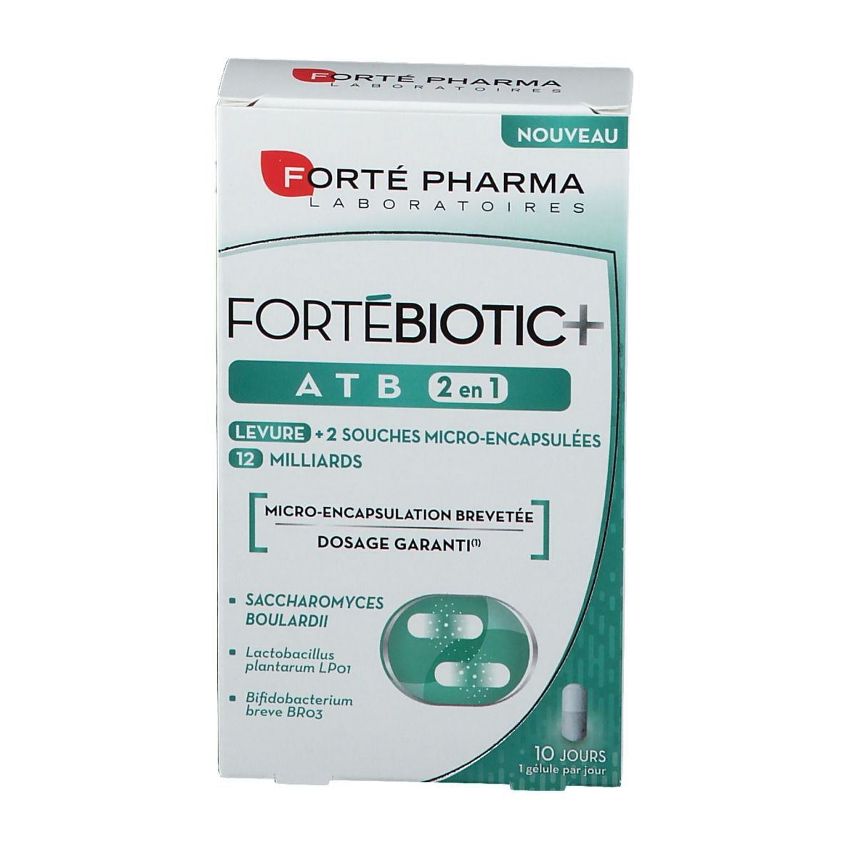 Boîte de FORTÉBIOTIC+ ATB 2 en 1. Contient 12 milliards de bactéries micro-encapsulées. 10 jours.