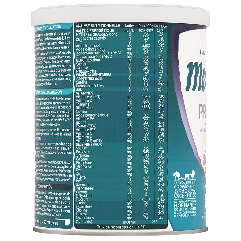 Arrière de la boîte Modilac Expert Prema avec tableau nutritionnel.
