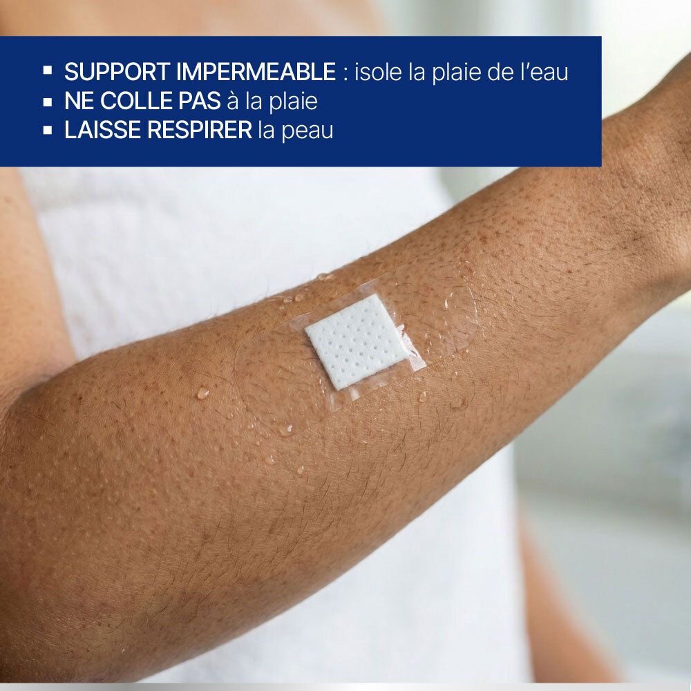 Bras avec pansement transparent. Texte: support imperméable, ne colle pas à la peau, laisse respirer la peau.