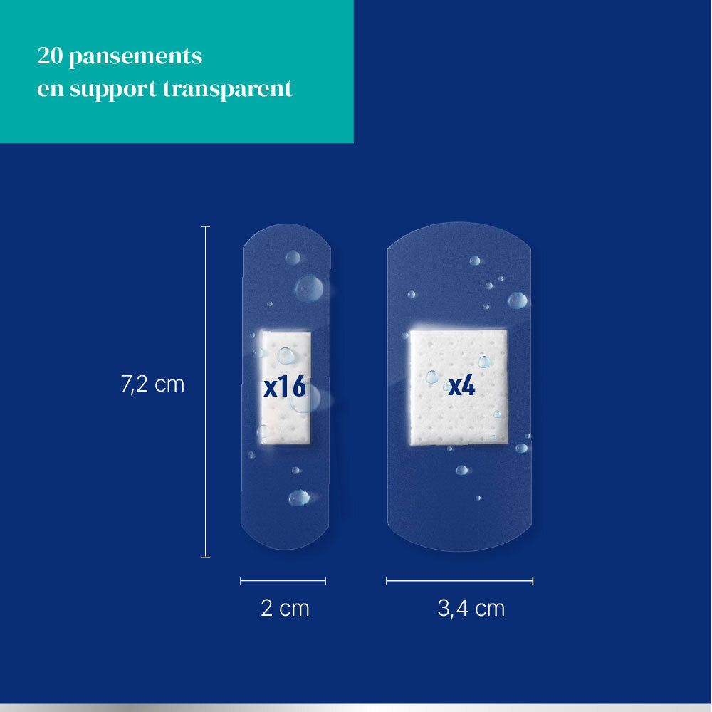 Deux pansements transparents sur fond bleu. Dimensions: 7,2 cm x 2 cm (16 pièces), 3,4 cm x 2 cm (4 pièces).