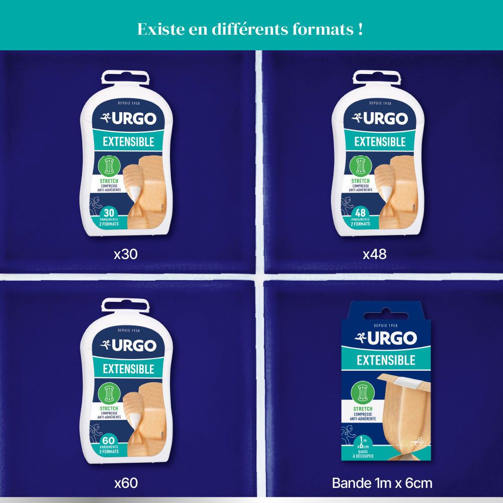 Différents emballages de pansements URGO Extensible. Variantes avec 30, 48, 60 pansements et un paquet de 1m x 6cm.
