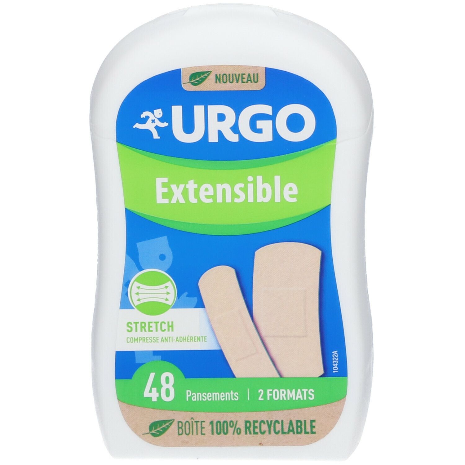 Boîte de pansements URGO Extensible. 48 pansements, 2 formats. Boîte recyclable.
