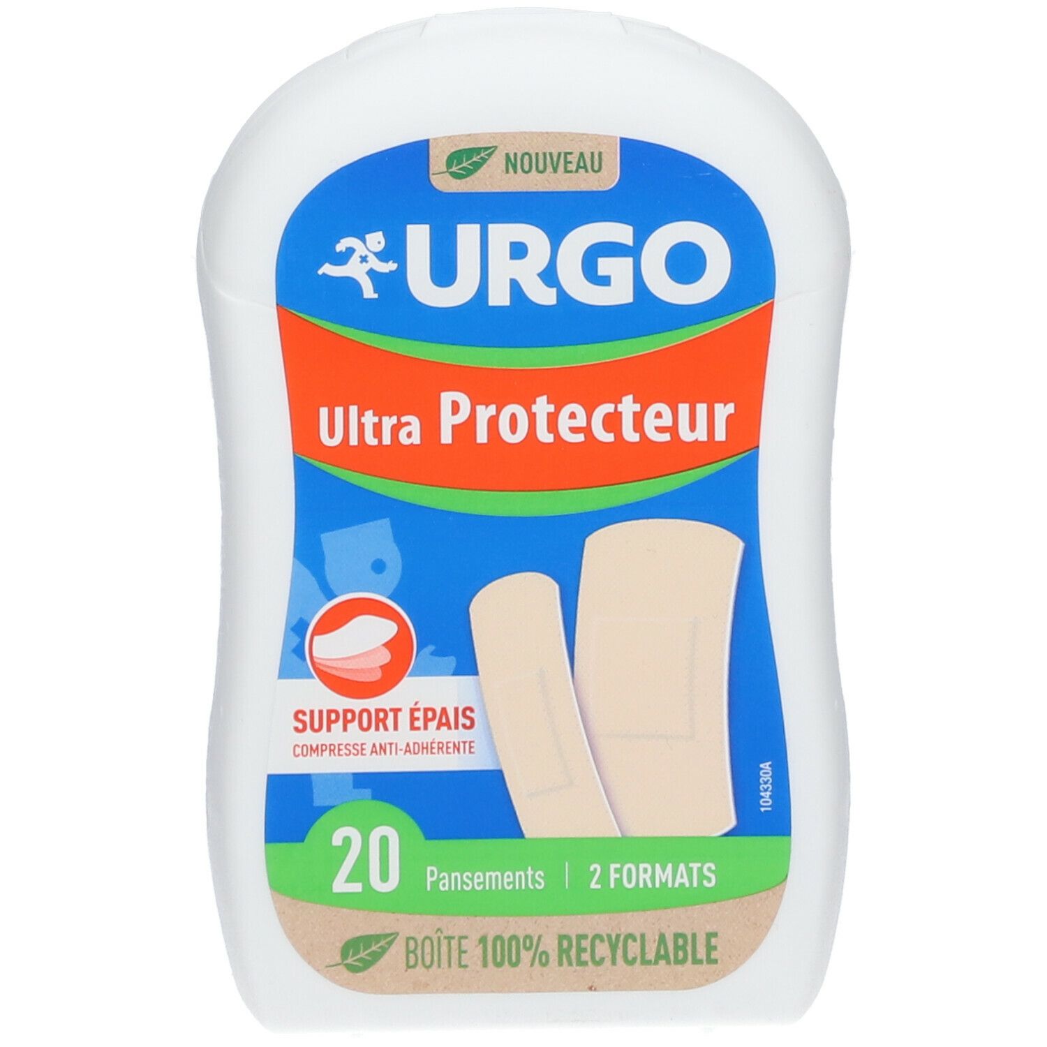 Boîte de pansements URGO Ultra Protecteur. 20 pansements, 2 formats. Boîte recyclable. Logo vert.