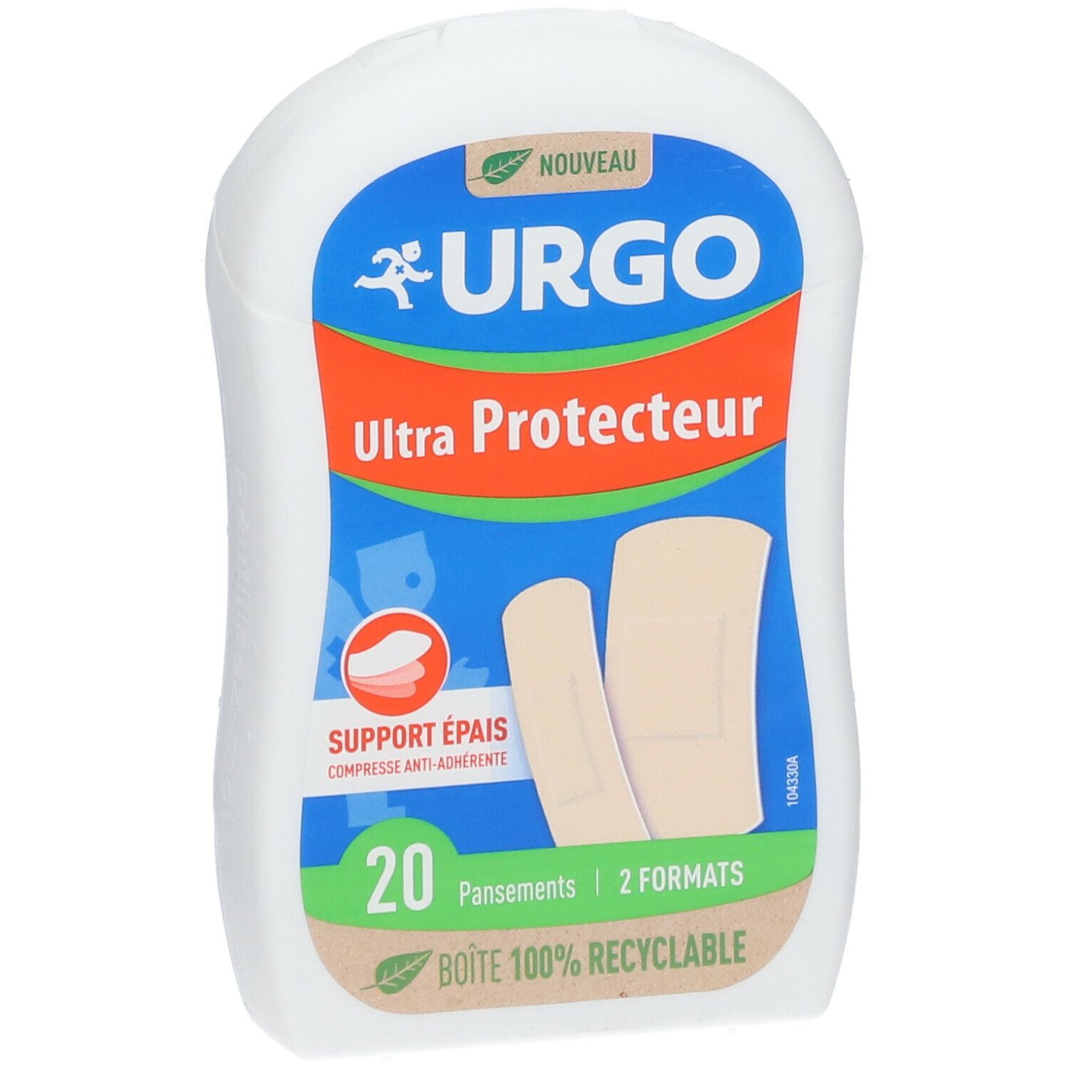 Boîte de pansements URGO Ultra Protecteur. 20 pansements, 2 formats. Boîte recyclable. Logo vert.