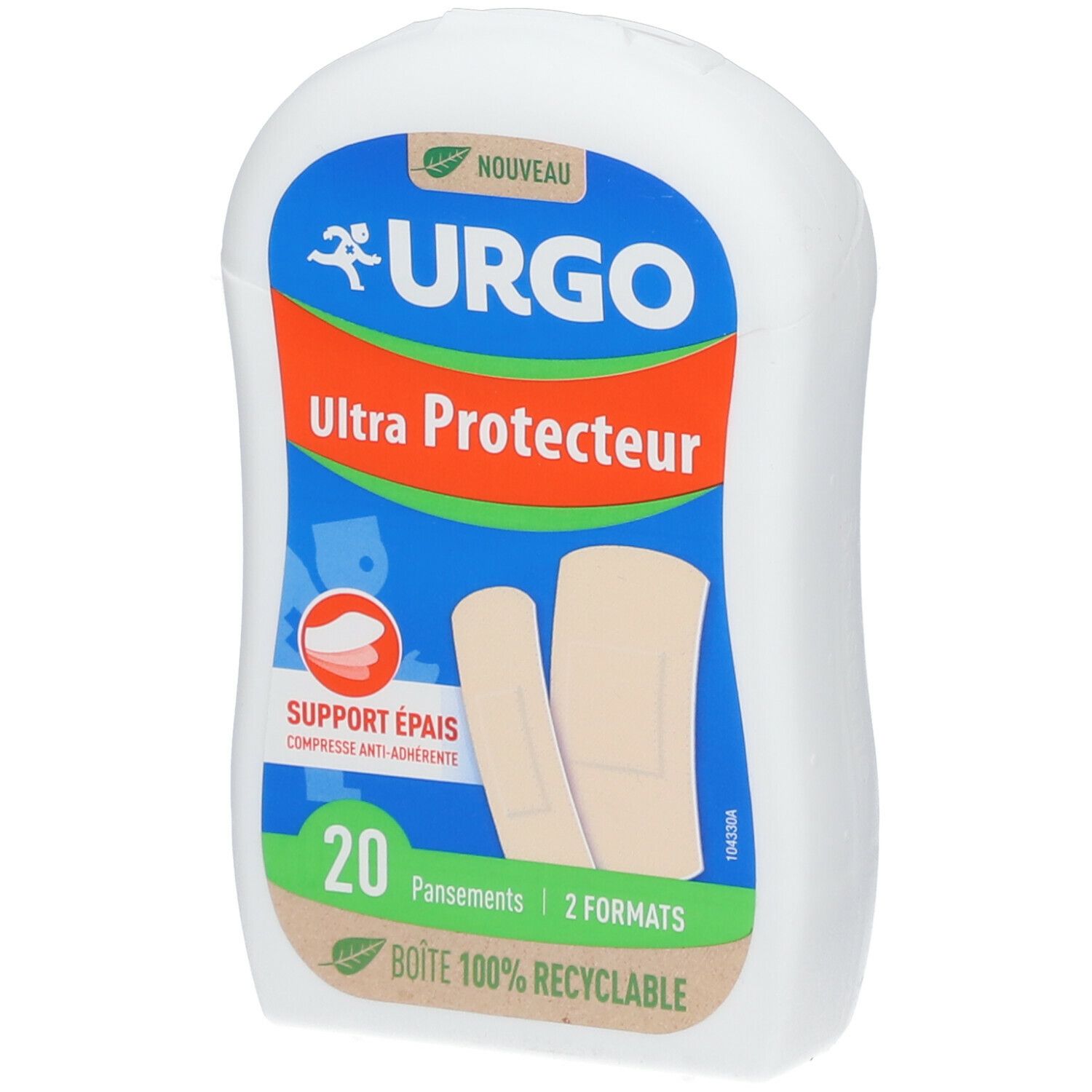 Boîte de pansements URGO Ultra Protecteur. 20 pansements, 2 formats. Boîte recyclable. Logo vert.