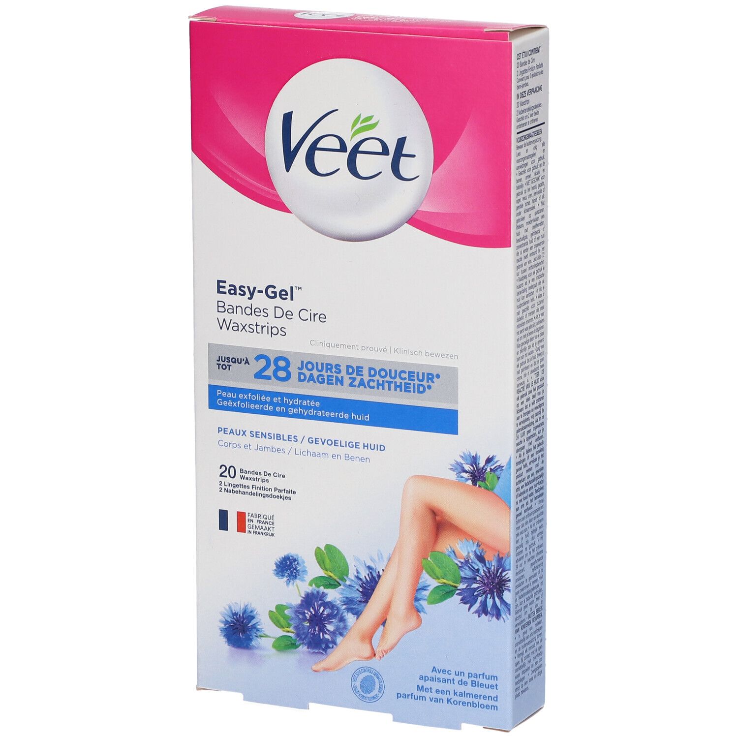 Boîte de bandes de cire Veet Easy-Gel. Design rose et blanc. Contient 20 bandes de cire. Illustration d'une jambe et fleurs bleues.