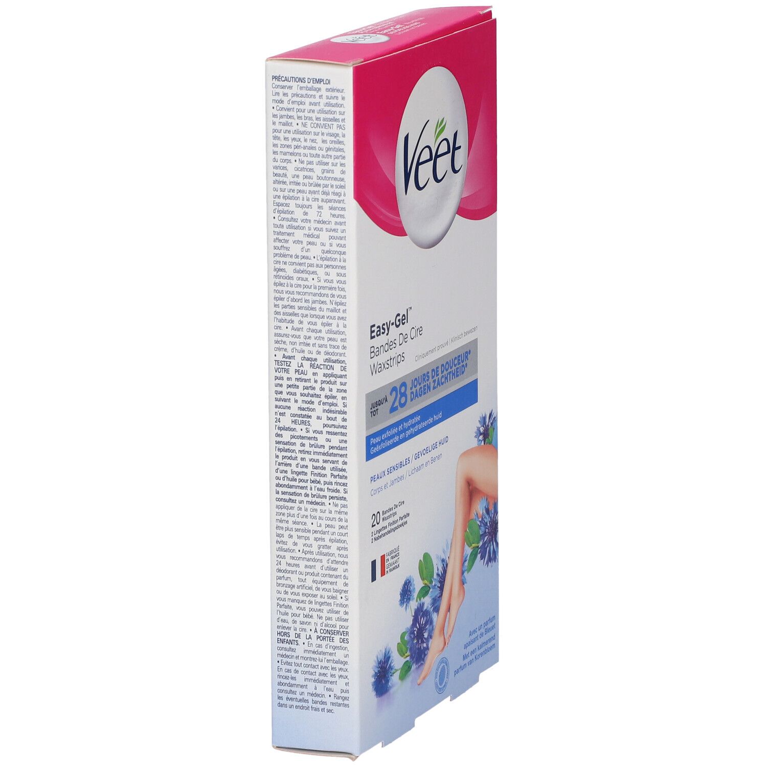 Vue latérale de la boîte de bandes de cire Veet Easy-Gel. Design rose et blanc. Texte et illustrations. Contient 20 bandes.