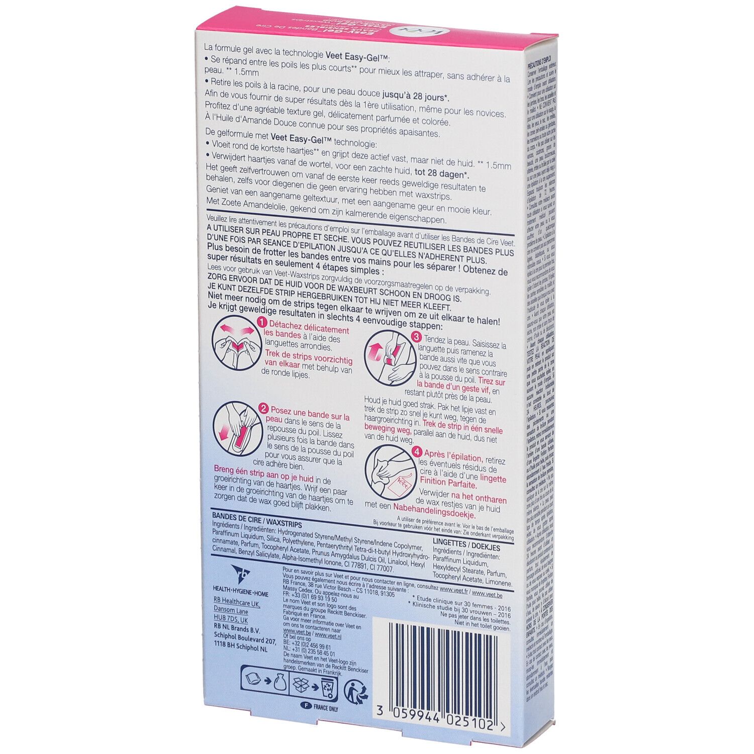 Dos de la boîte de bandes de cire Veet Easy-Gel. Texte et illustrations. Contient des informations sur l'utilisation et les ingrédients.