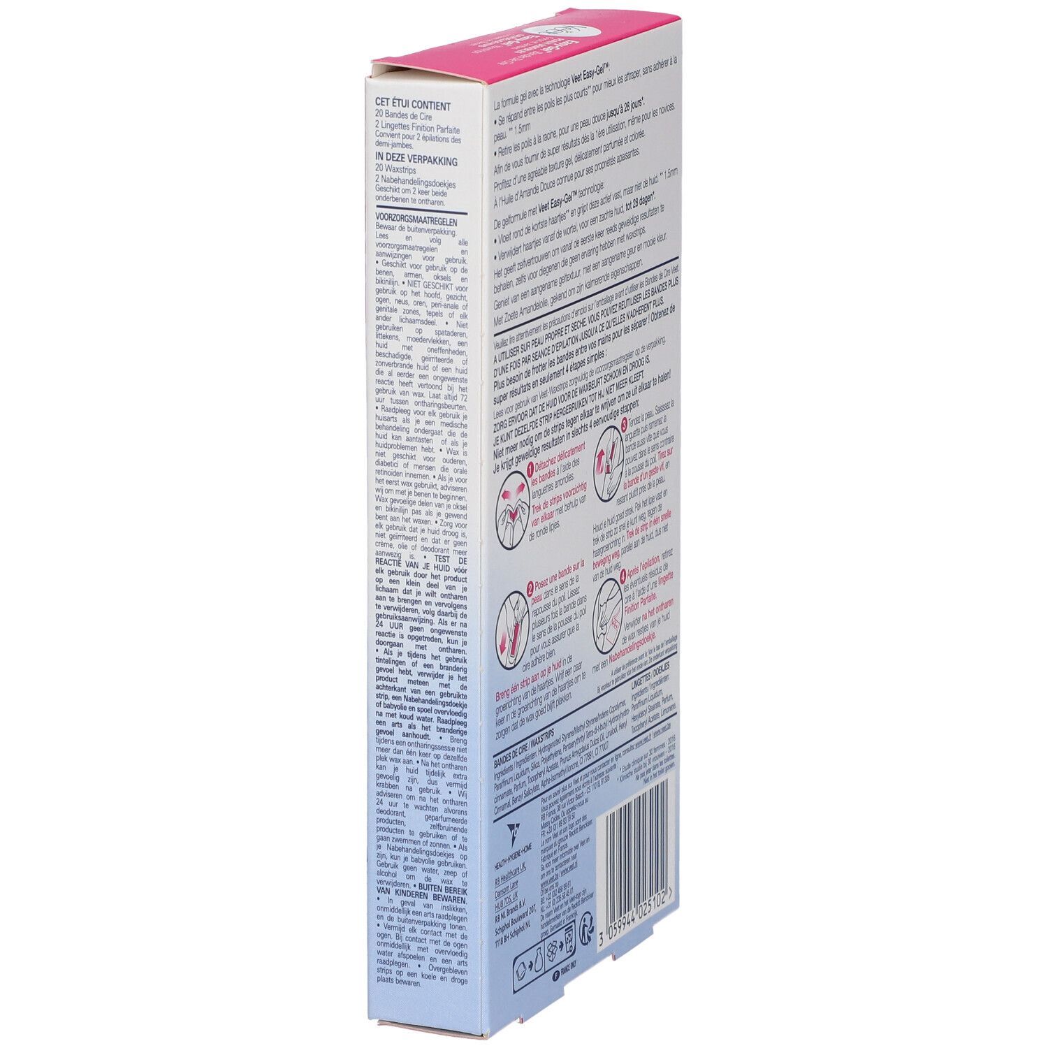 Vue latérale de la boîte de bandes de cire Veet Easy-Gel. Texte et illustrations. Contient des informations sur l'utilisation.