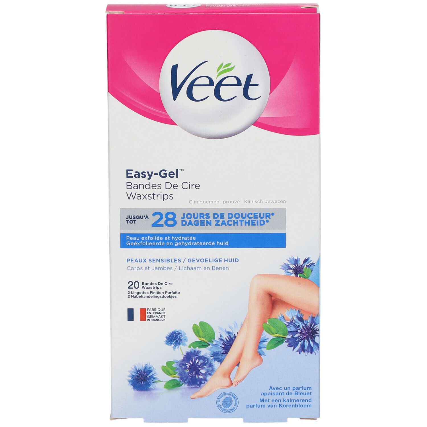 Boîte de bandes de cire Veet Easy-Gel. Design rose et blanc. Contient 20 bandes de cire. Illustration d'une jambe et fleurs bleues.