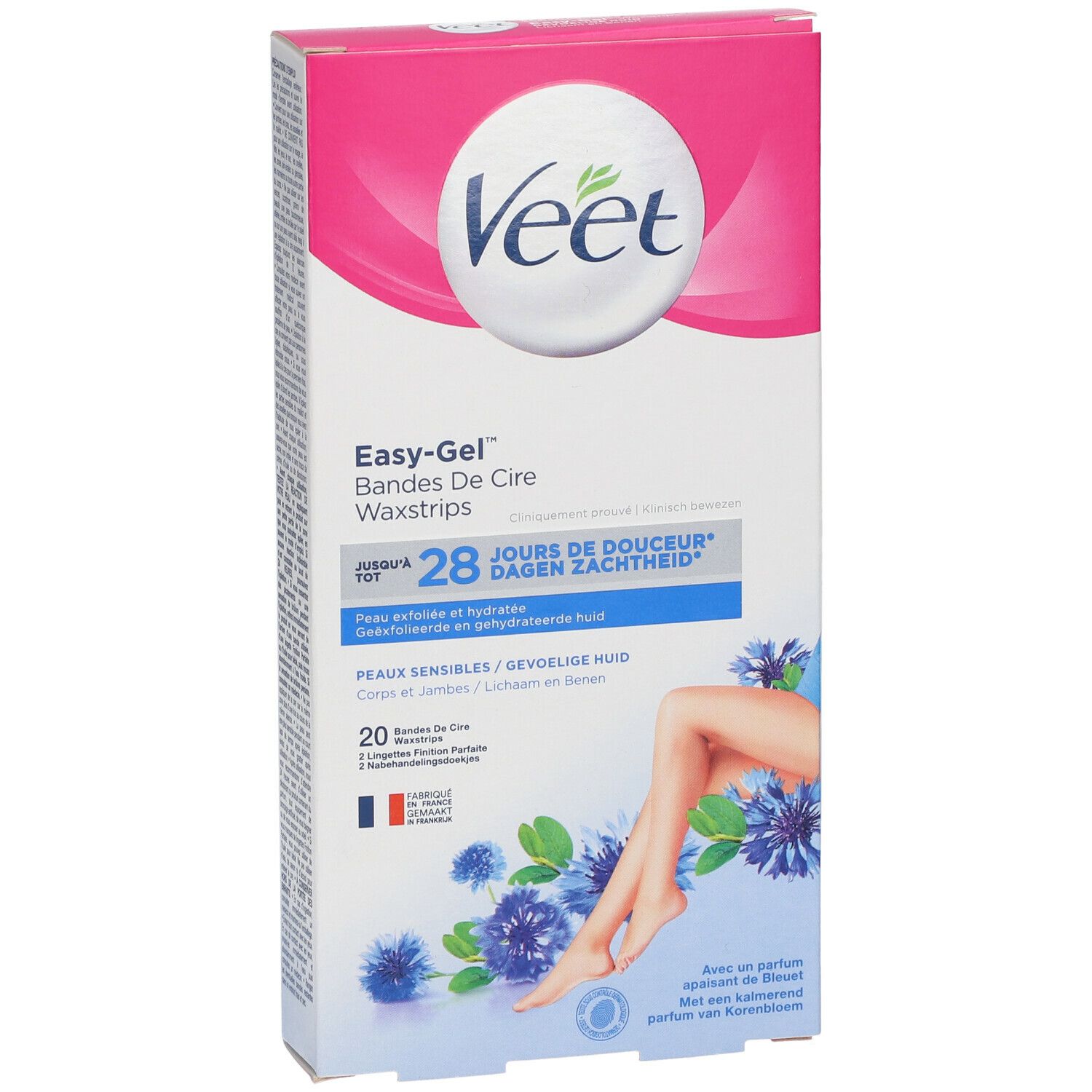 Boîte de bandes de cire Veet Easy-Gel. Design rose et blanc. Contient 20 bandes de cire. Illustration d'une jambe et fleurs bleues.