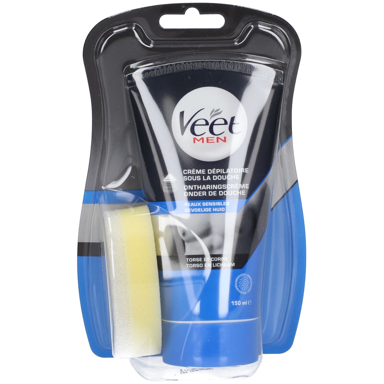 Veet Men Crème dépilatoire sous la douche. Tube noir et éponge dans un emballage blister. Contient 150 ml.