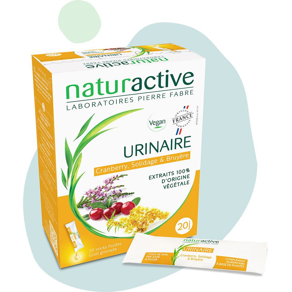 Boîte Naturactive URINAIRE. Inscription: Cranberry, Solidago & Bruyère. 20 sticks. Vegan.