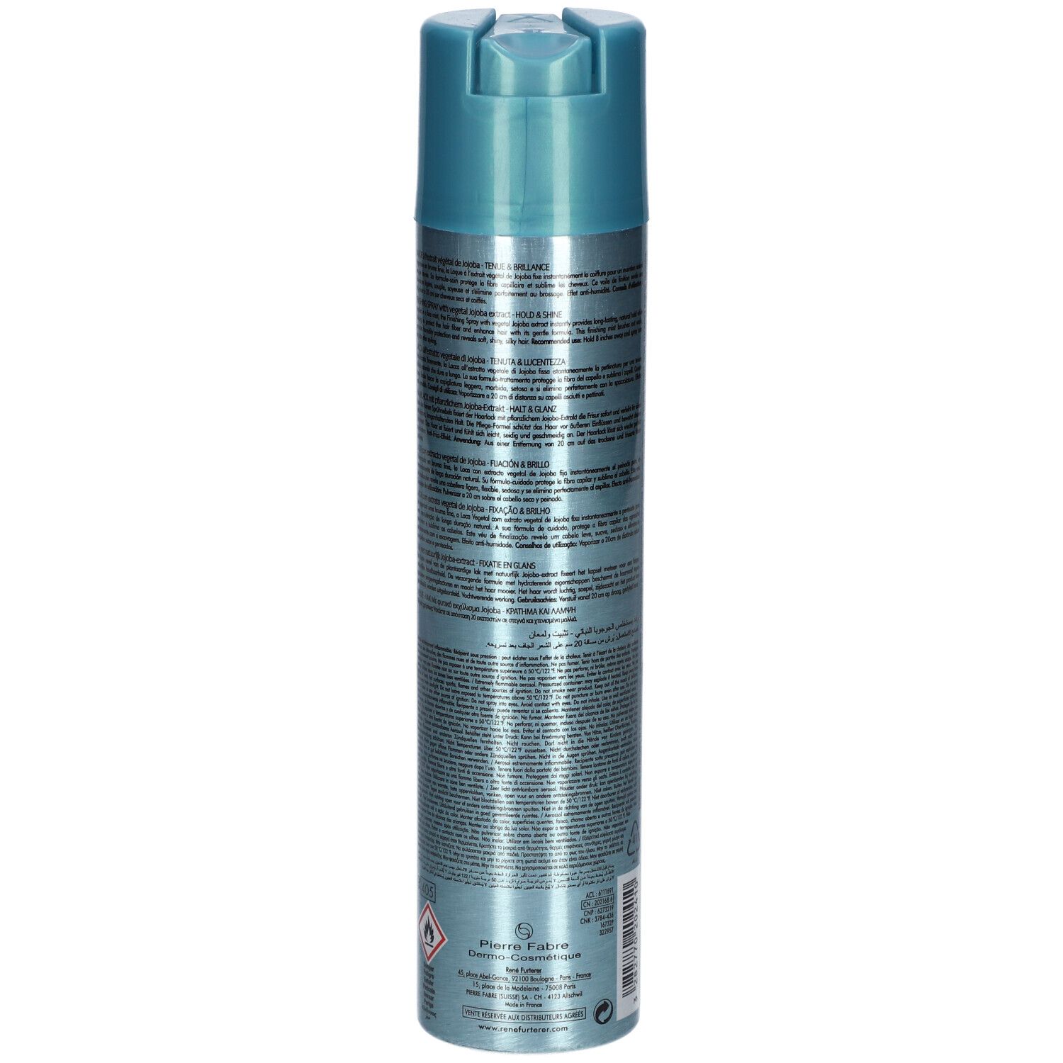 Bombe de laque bleu-argenté. Dos avec texte. 300ml, 10.1 FL.OZ. Avec symbole de recyclage.