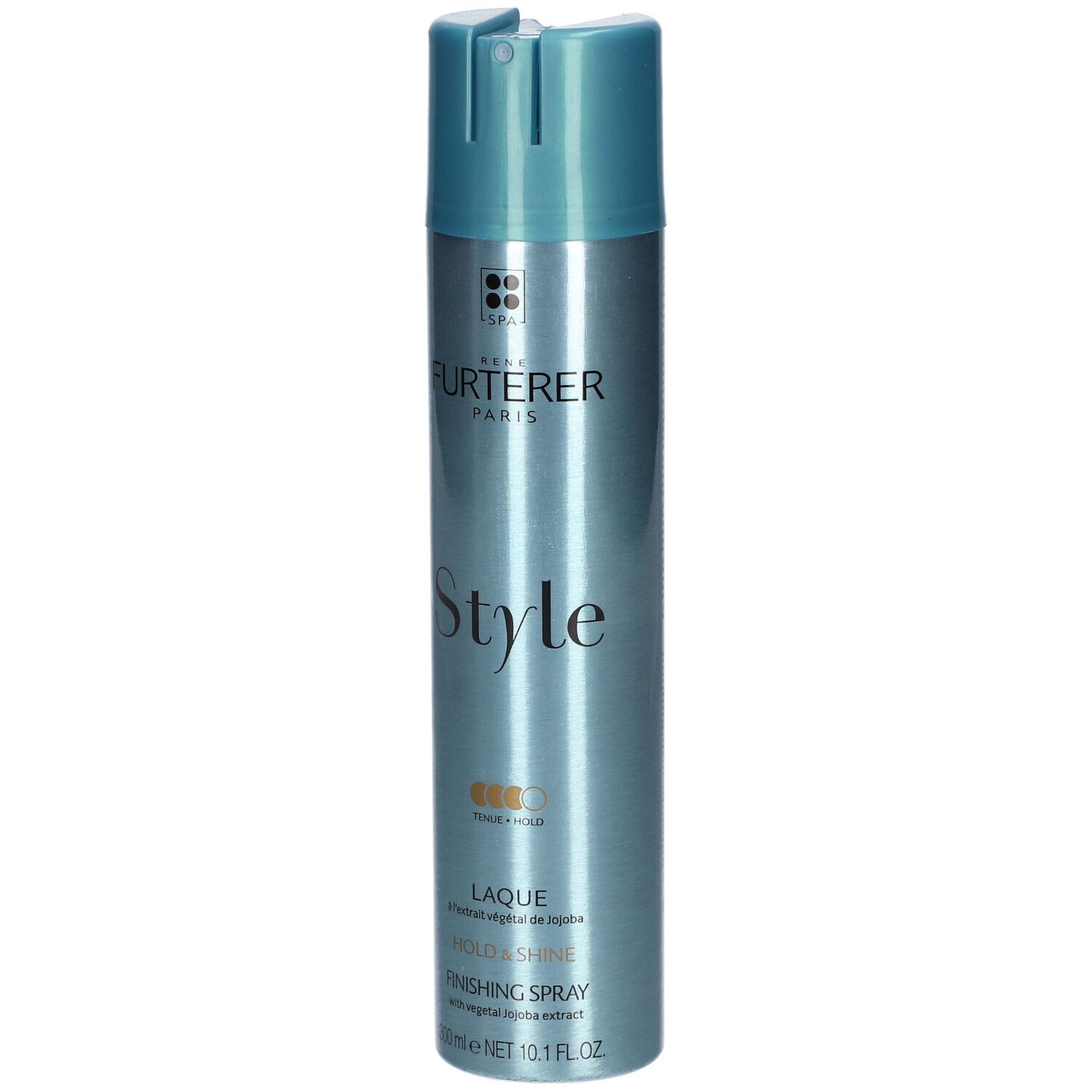 Bombe de laque bleu-argenté. Inscription: RENE FURTERER PARIS, Style, Laque, Finishing Spray. 300ml, 10.1 FL.OZ.