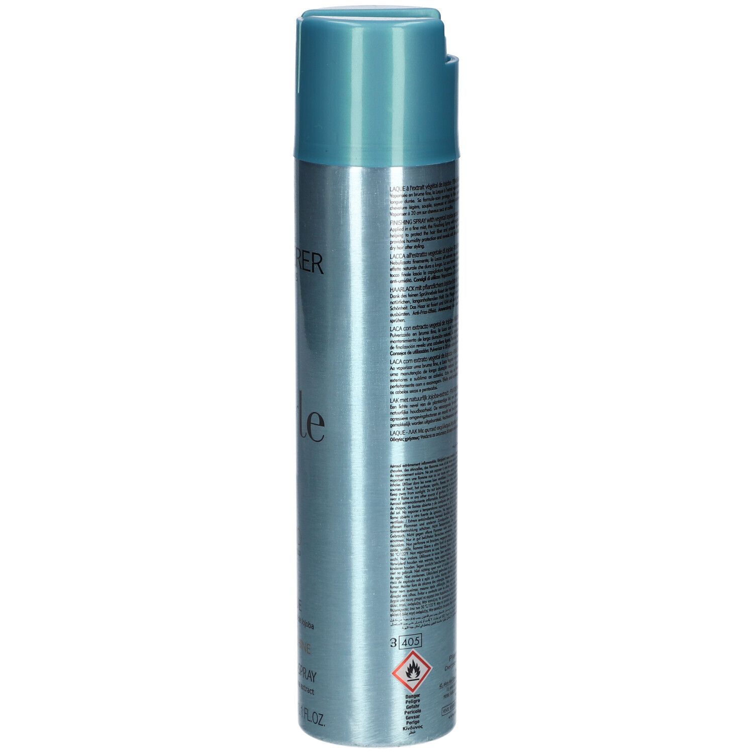 Bombe de laque bleu-argenté. Dos avec texte et symbole de danger. 300ml, 10.1 FL.OZ.